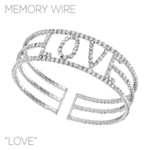 83505 - Rhinestone Love Wire Cuff Bracelet 0.7x2.4", Silver