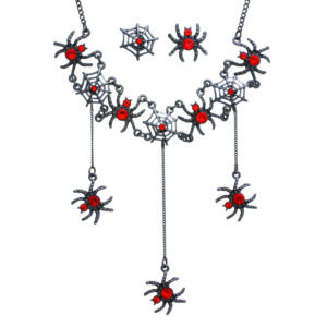 13754 - Hematite Small Spiders on Web Necklace and Earring Set Red