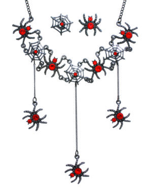 13754 - Hematite Small Spiders on Web Necklace and Earring Set Red