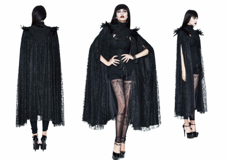 ECT7 - Gothic Long Layered Cape with Feather Shoulder Design - Image 2