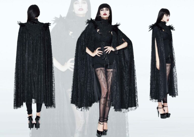 ECT7 - Gothic Long Layered Cape with Feather Shoulder Design - Image 6