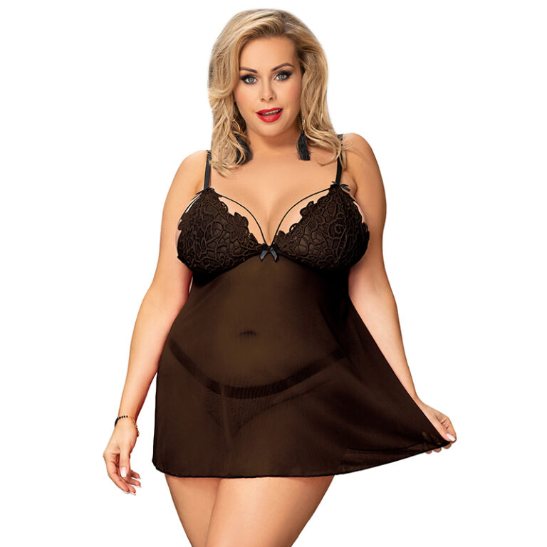 19056- Black Lace High-end Delicate Embroidery Baby Doll Lingerie, plus size available Set - Image 7