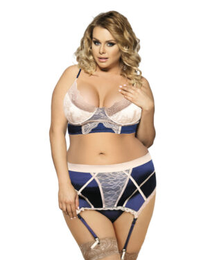 19065 - Plus Size Navy Bra Set With Beige Lace Overlay - LXL