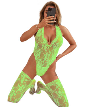 19074 - Sexy Lace Sleeveless See-Through Backless Deep V-Neck Bodysuit With Stockings - Green