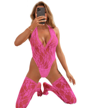 19075 - Sexy Lace Sleeveless See-Through Backless Deep V-Neck Bodysuit With Stockings - Fuchsia
