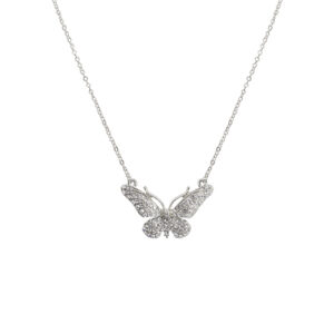 17329 - Rhinestone Butterfly Necklace, Silver, 16" + 3"; pendant: 1.12"x0.87"