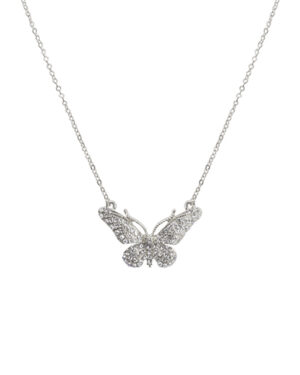 17329 - Rhinestone Butterfly Necklace, Silver, 16" + 3"; pendant: 1.12"x0.87"