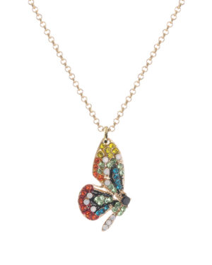 17614 - Rhinestone Butterfly wing necklace, purple multi, gold 18+3in, 0.65x1.20in