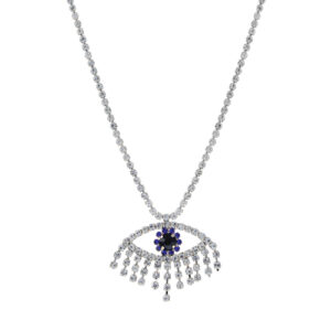 17694 - Rhinestone Evil Eye Charm Necklace, Sil, 18+3in, 1.20x0.98in