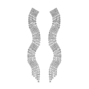 27331 - Rhinestone Wave fringe earring, silver, 0.66x3.62in