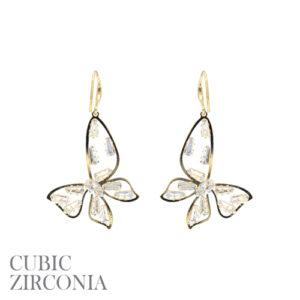 27408 - Cubic Zirconia, baguette butterfly dangle earrings, gold, 1.25x2.25in