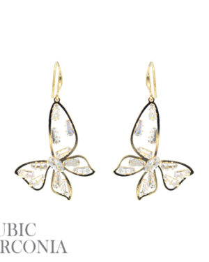 27408 - Cubic Zirconia, baguette butterfly dangle earrings, gold, 1.25x2.25in