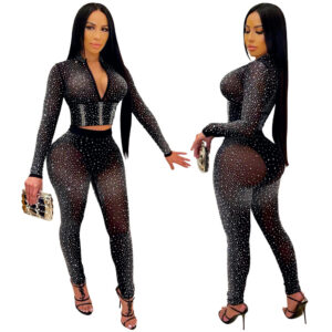 7196 - 2 pc Rhinestone Mesh Pant Set