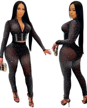 7196 - 2 pc Rhinestone Mesh Pant Set