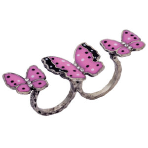 R1161 - Rhinestone 3 Butterfly double ring, burnished silver, fuchsia multi, 2.35x0.8in 8.5/7.5