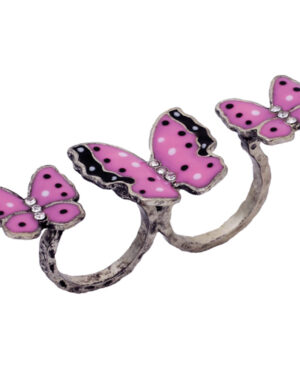 R1161 - Rhinestone 3 Butterfly double ring, burnished silver, fuchsia multi, 2.35x0.8in 8.5/7.5