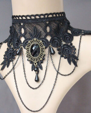 68725 - Black Lace Choker w/ Pendant and Chain Swags