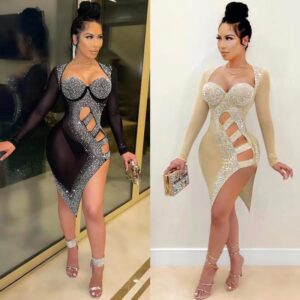 7187 - Rhinestone Mesh Dress