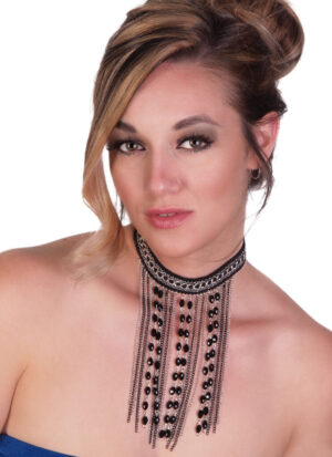 68684 - Black and Silver Choker w/ Hanging Chains and Beads