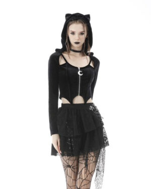TW364 - Night Cat Zipper Hoodiee Top