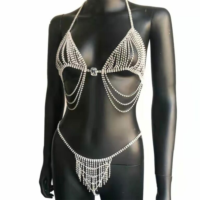 94011-set - Rhinestone Fringe Bikini Set - Silver - Image 2