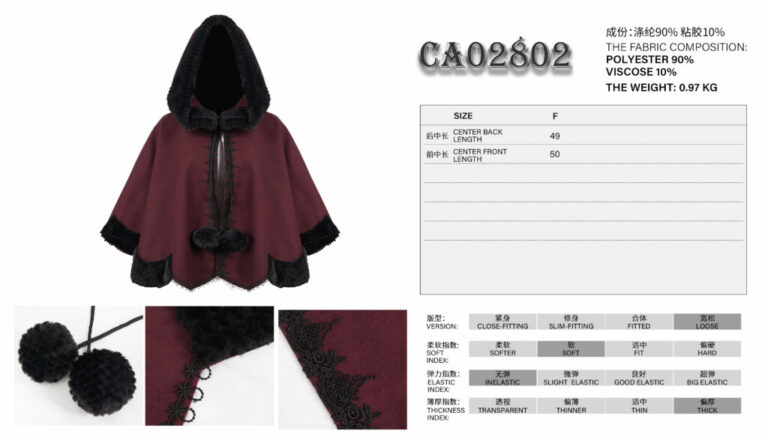 CA02802 - Burgundy And Black Trimming  Renaissance Cape - Image 4