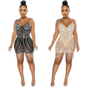 7176 - rhinestone fringed mesh dress