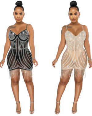 7176 - rhinestone fringed mesh dress