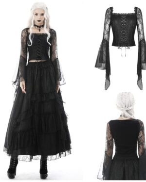 TW374 - Gothic Lace Mesh Sleeves Corset Top