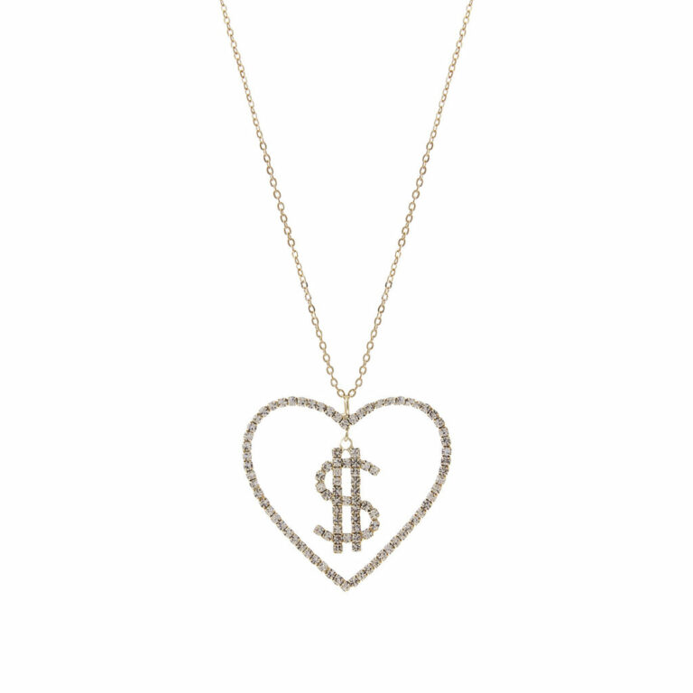 17999 - rhinestone dollar, $, in heart necklace