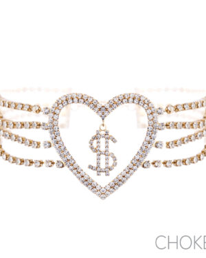 18000 - Rhinestone dollar, $, in heart choker