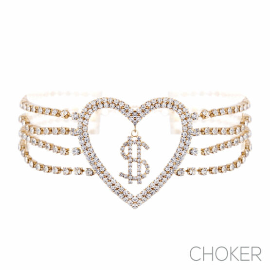 18000 - Rhinestone dollar, $, in heart choker