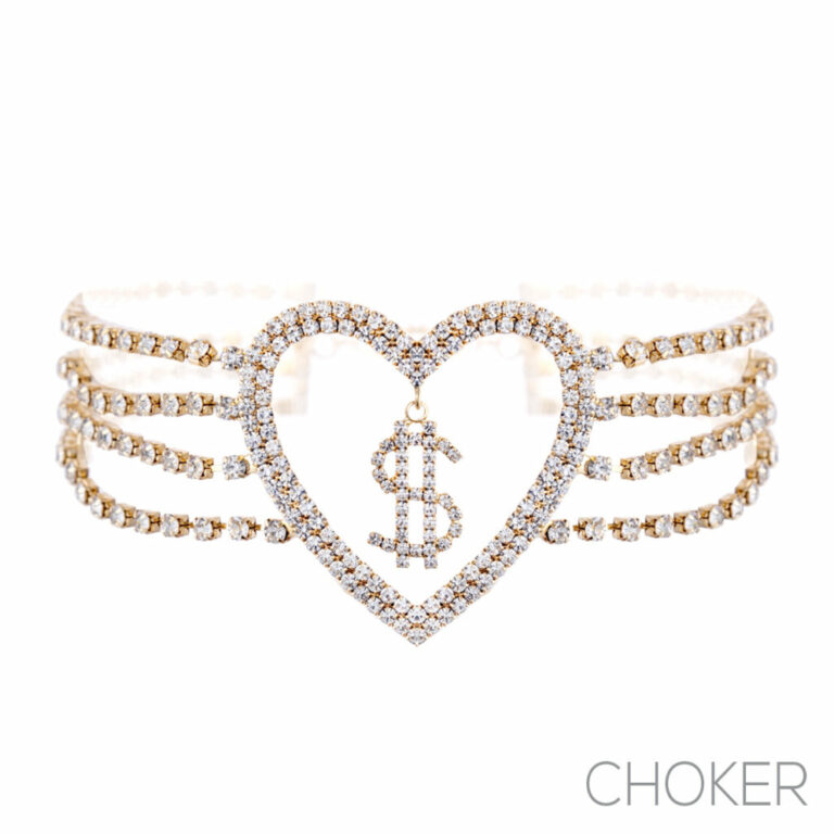 18000 - Rhinestone dollar, $, in heart choker