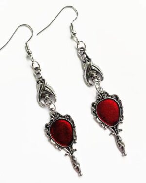 55515 - Vintage Hand Mirror with Red Gem and Bat Earrings..