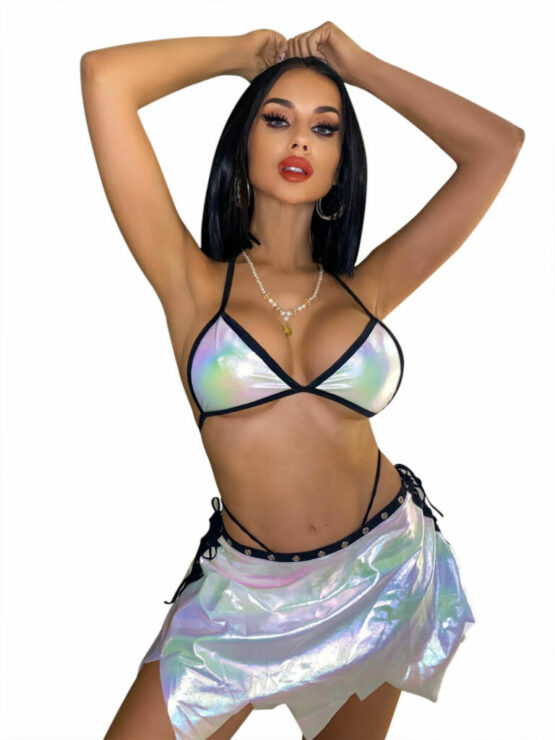 14736 - Black Trim Holographic 3 Pc Bikini- Triangle Top and Skirt - Image 6