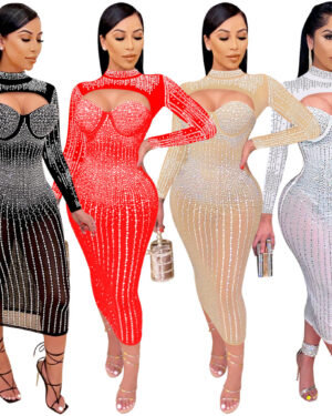 7500 - Rhinestone Midi Dress with Bolero Style High Neck Cutout