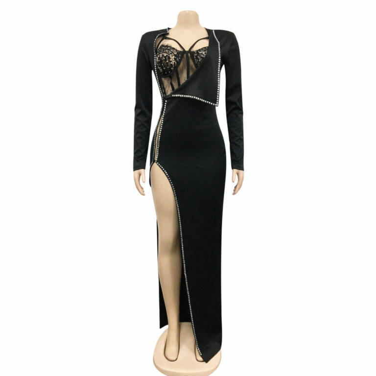 7501 - High Slit Embellished Dress with Corset-Black-M - Image 2