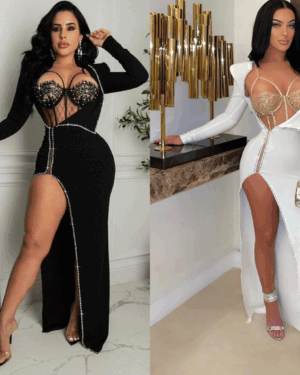 7501 - High Slit Embellished Dress with Corset-Black-M