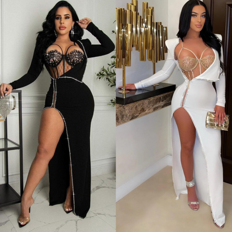 7501 - High Slit Embellished Dress with Corset-Black-M