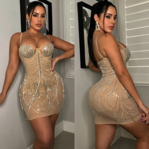 7503 - Mesh Embellished Rhinestone Dress-Beige