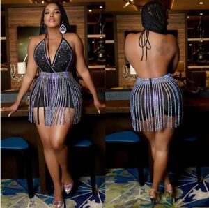 7506 - Open Back Halter Top One-piece with Fringe Skirt-Beige-S..