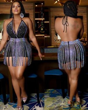 7506 - Open Back Halter Top One-piece with Fringe Skirt-Beige-S..