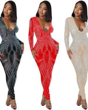 7507 - Deep V Neck Long Sleeve Mesh Embellished Jumpsuit-Beige-S