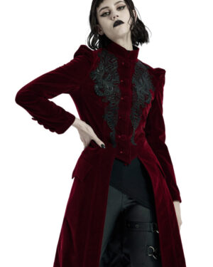 WY1306 - Velvet Burgundy Gothic Lace Long Coat with Back Drawstring
