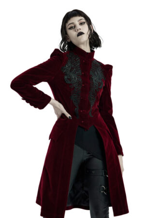 WY1306 - Velvet Burgundy Gothic Lace Long Coat with Back Drawstring