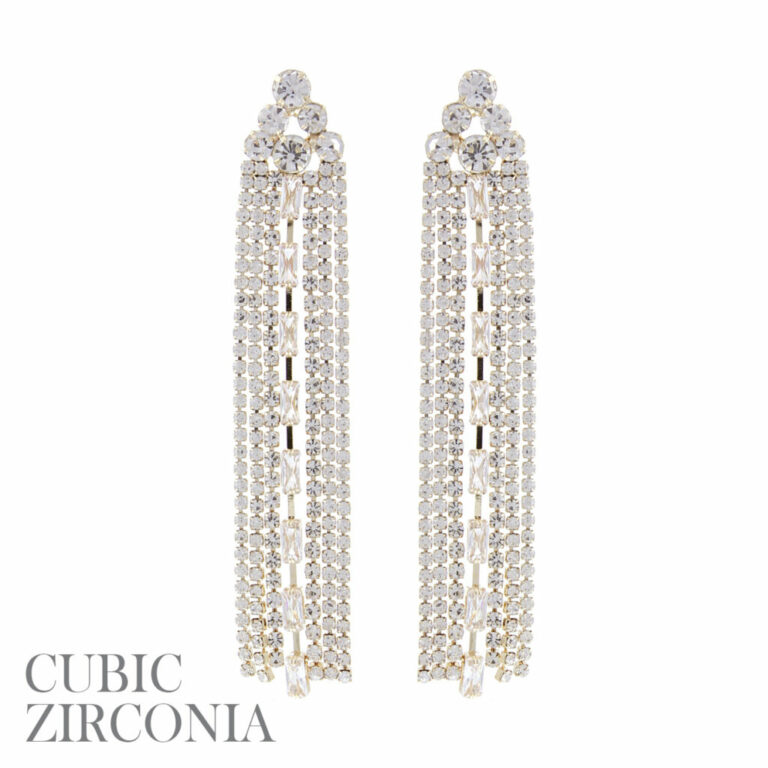 27671 - Gold Rhinestone Fringe Cubic Zirconia Baguette Tassel Earrings - Image 2