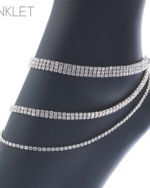 83781 - 3 Layer Rhinestone Anklet, 3/2/1 row, gold