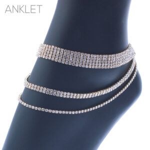 83782 - 3 Layer Rhinestone Anklet, 5/2/1 row, gold