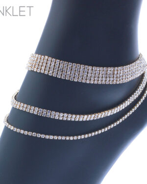 83782 - 3 Layer Rhinestone Anklet, 5/2/1 row, gold