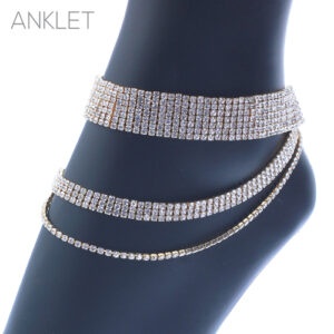 83783 - 3 Layer Rhinestone Anklet, 7/3/1 row, gold